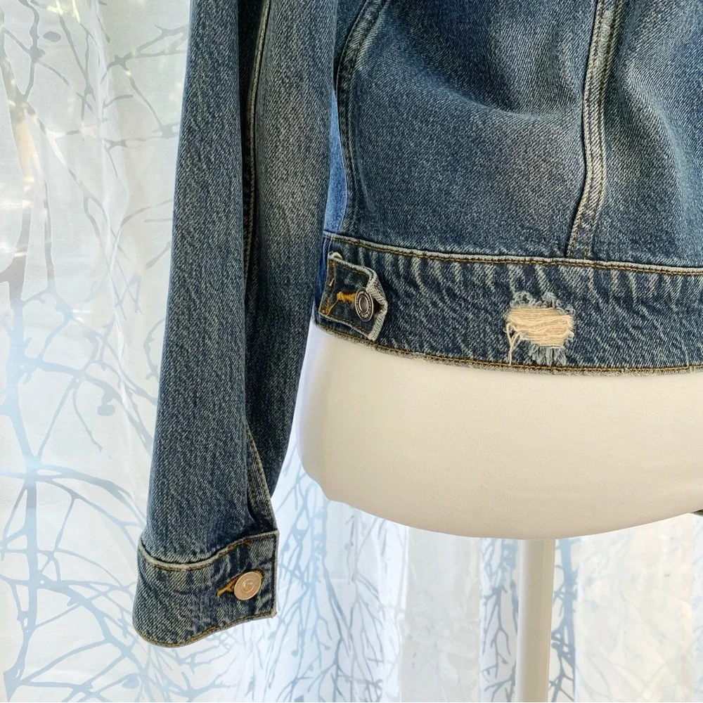ALL SAINTS BLUE DISTRESSED HAY DENIM BUTTON UP COLLARED JEAN JACKET - Picture 6 of 10